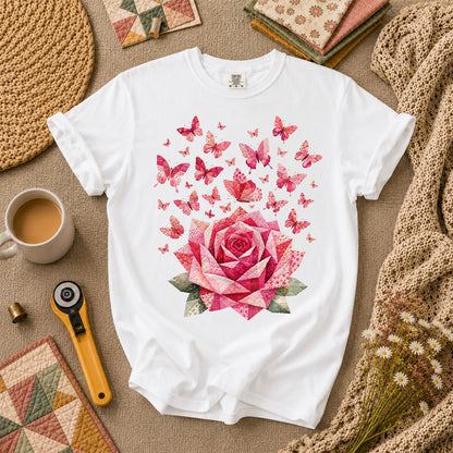 Pink Patchwork Rose With Butterflies T-Shirt - White