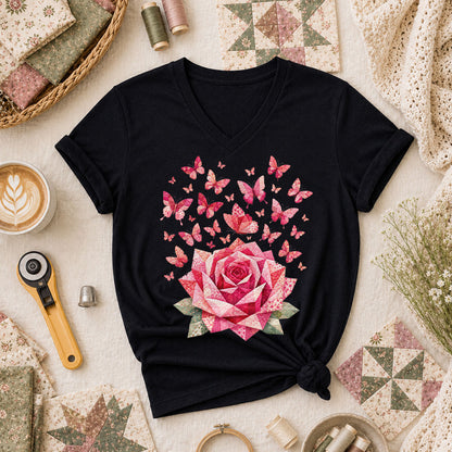Pink Patchwork Rose With Butterflies Women's V-Neck - Black