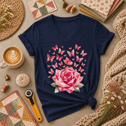 Pink Patchwork Rose With Butterflies Women's V-Neck - Navy