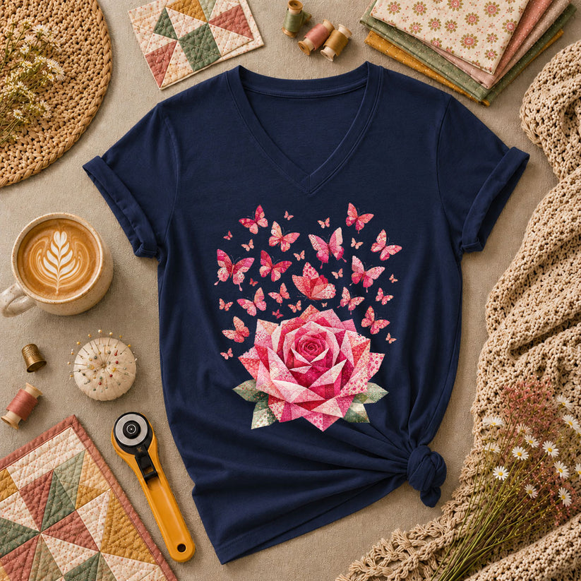 Pink Patchwork Rose With Butterflies Women's V-Neck - Navy