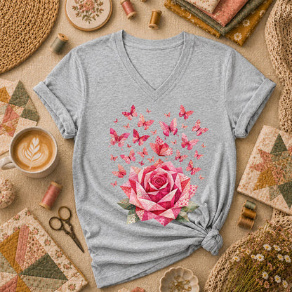 Pink Patchwork Rose With Butterflies Women's V-Neck - Sport Grey
