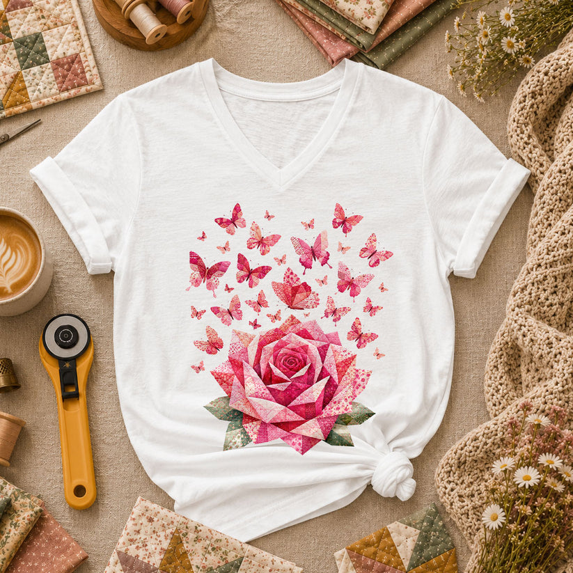 Pink Patchwork Rose With Butterflies Women's V-Neck - White