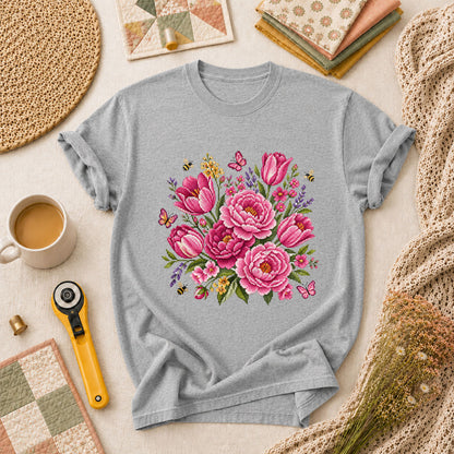 Pink Peonies Tulips With Bees And Butterflies T-Shirt - Athletic Heather