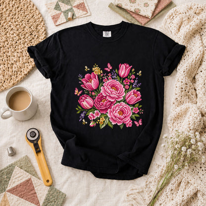 Pink Peonies Tulips With Bees And Butterflies T-Shirt - Black