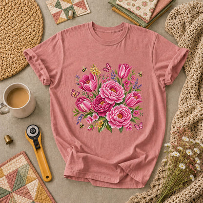 Pink Peonies Tulips With Bees And Butterflies T-Shirt - Heather Mauve