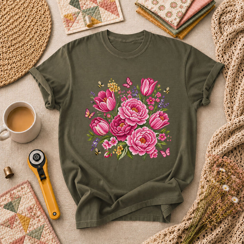 Pink Peonies Tulips With Bees And Butterflies T-Shirt - Military Green