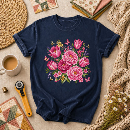 Pink Peonies Tulips With Bees And Butterflies T-Shirt - Navy