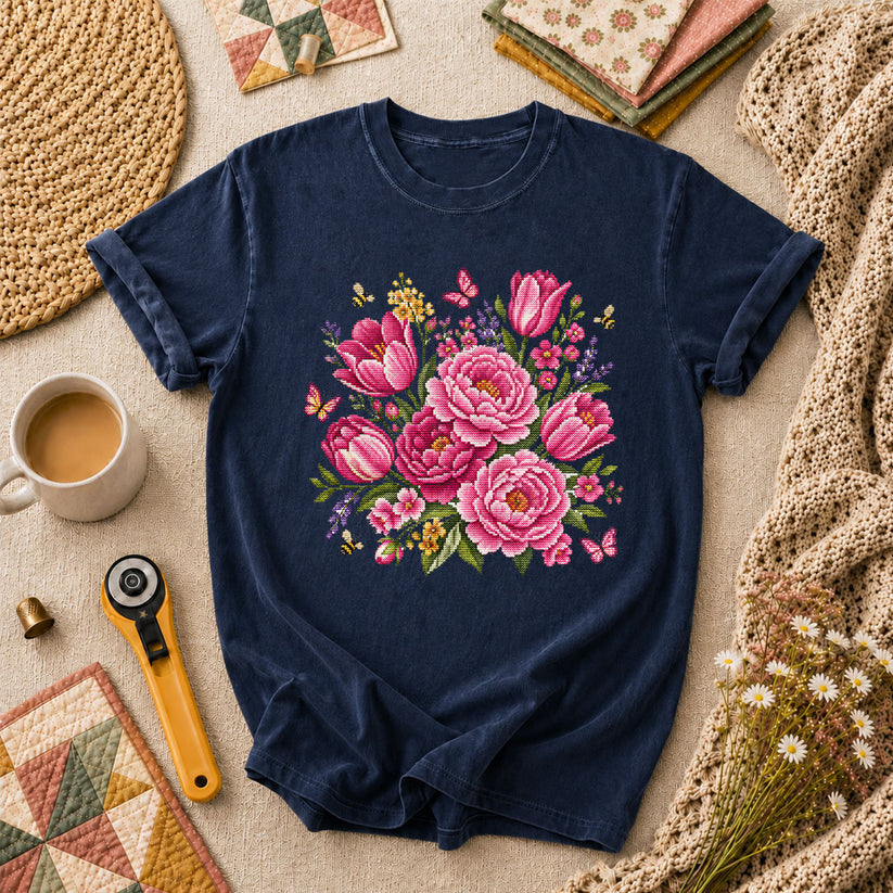 Pink Peonies Tulips With Bees And Butterflies T-Shirt - Navy