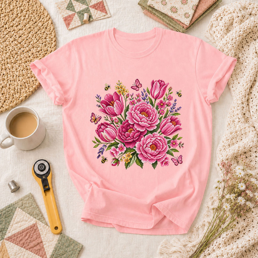 Pink Peonies Tulips With Bees And Butterflies T-Shirt - Pink