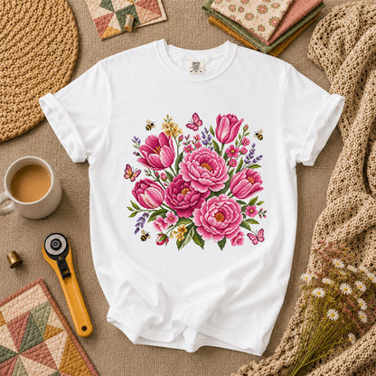 Pink Peonies Tulips With Bees And Butterflies T-Shirt - White