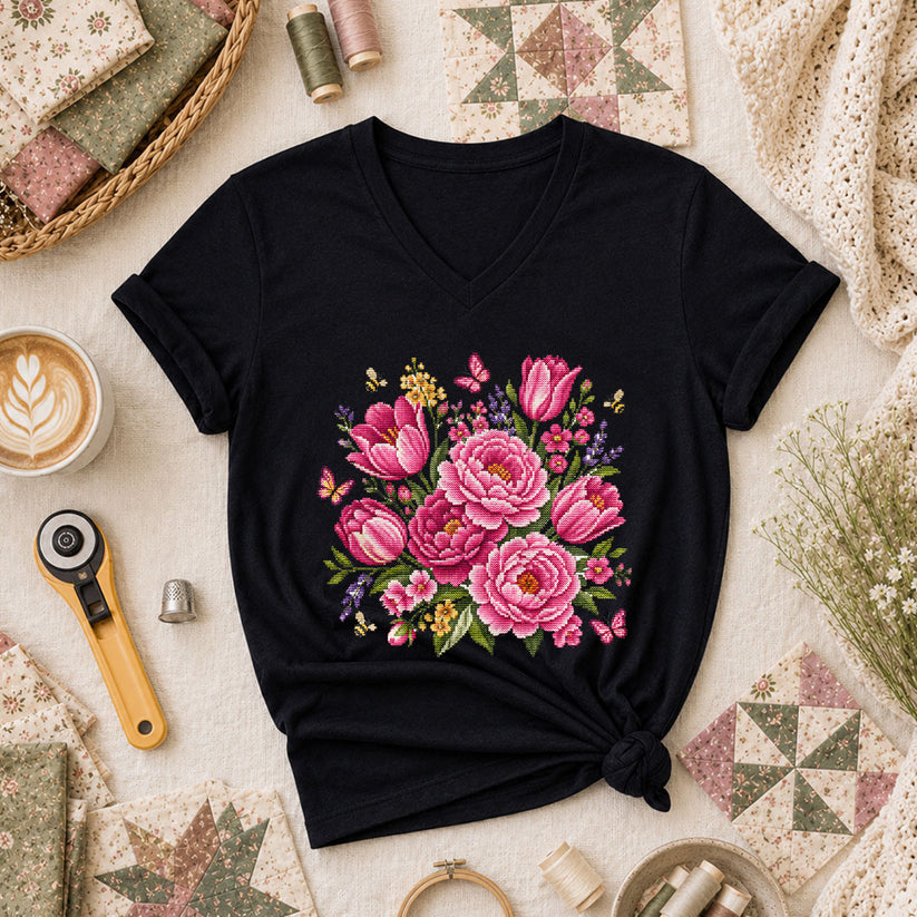 Pink Peonies Tulips With Bees And Butterflies Women's V-Neck - Black