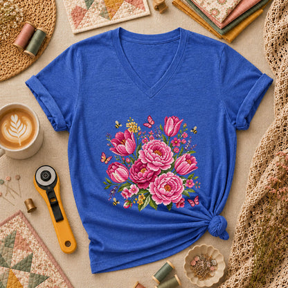 Pink Peonies Tulips With Bees And Butterflies Women's V-Neck - Heather True Royal
