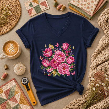 Pink Peonies Tulips With Bees And Butterflies Women's V-Neck - Navy