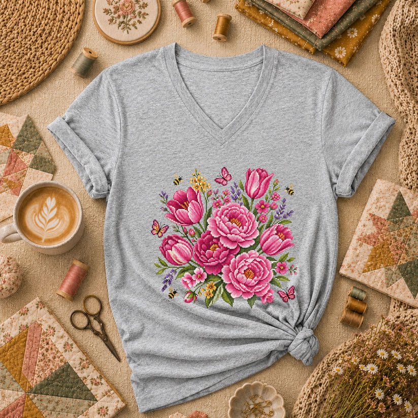 Pink Peonies Tulips With Bees And Butterflies Women's V-Neck - Sport Grey