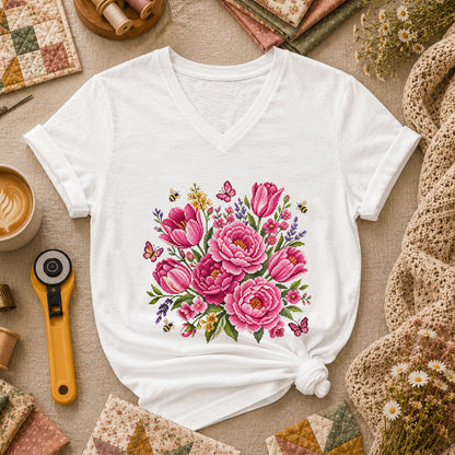 Pink Peonies Tulips With Bees And Butterflies Women's V-Neck - White