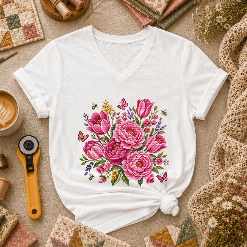 Pink Peonies Tulips With Bees And Butterflies Women's V-Neck - White