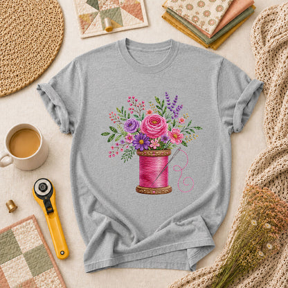 Pink Thread Spool With Embroidered Floral Bouquet T-Shirt - Athletic Heather