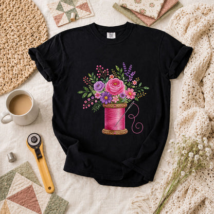 Pink Thread Spool With Embroidered Floral Bouquet T-Shirt - Black