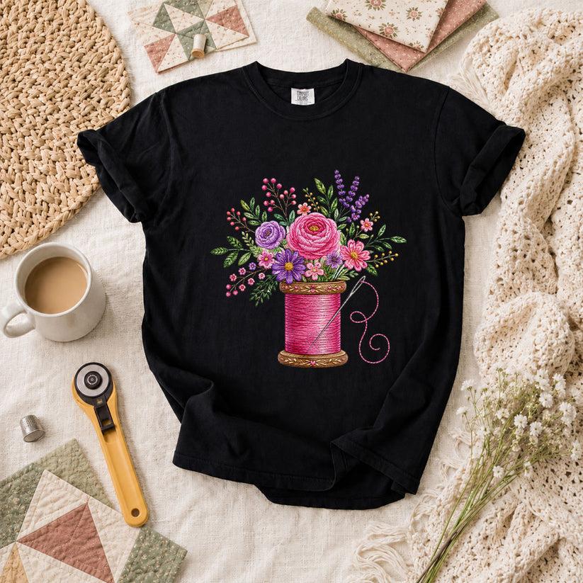 Pink Thread Spool With Embroidered Floral Bouquet T-Shirt - Black