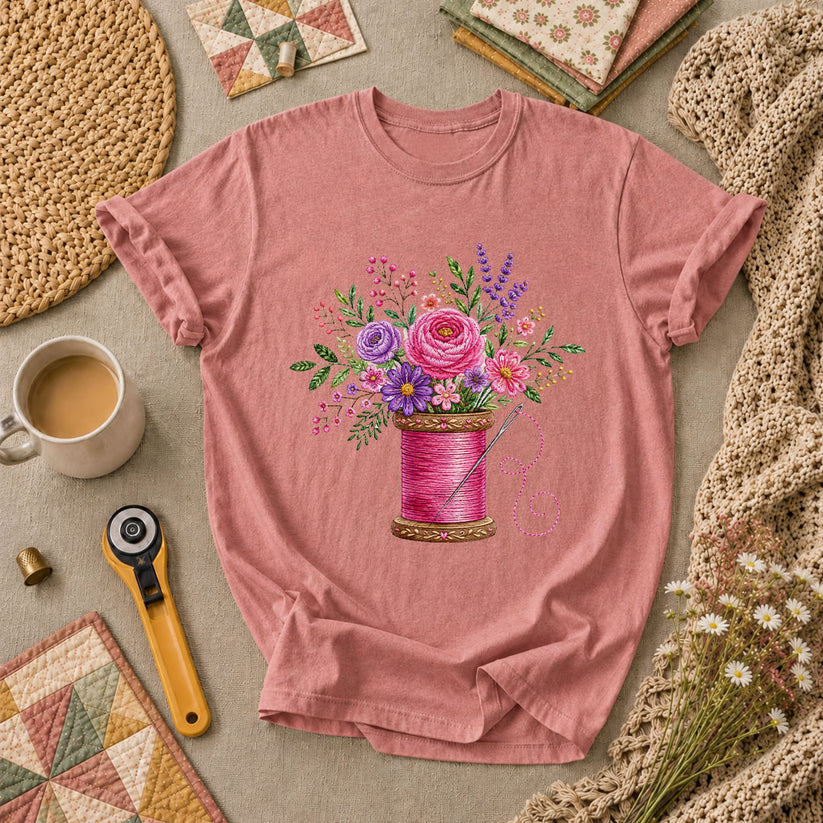 Pink Thread Spool With Embroidered Floral Bouquet T-Shirt - Heather Mauve
