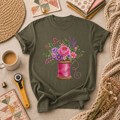 Pink Thread Spool With Embroidered Floral Bouquet T-Shirt - Military Green