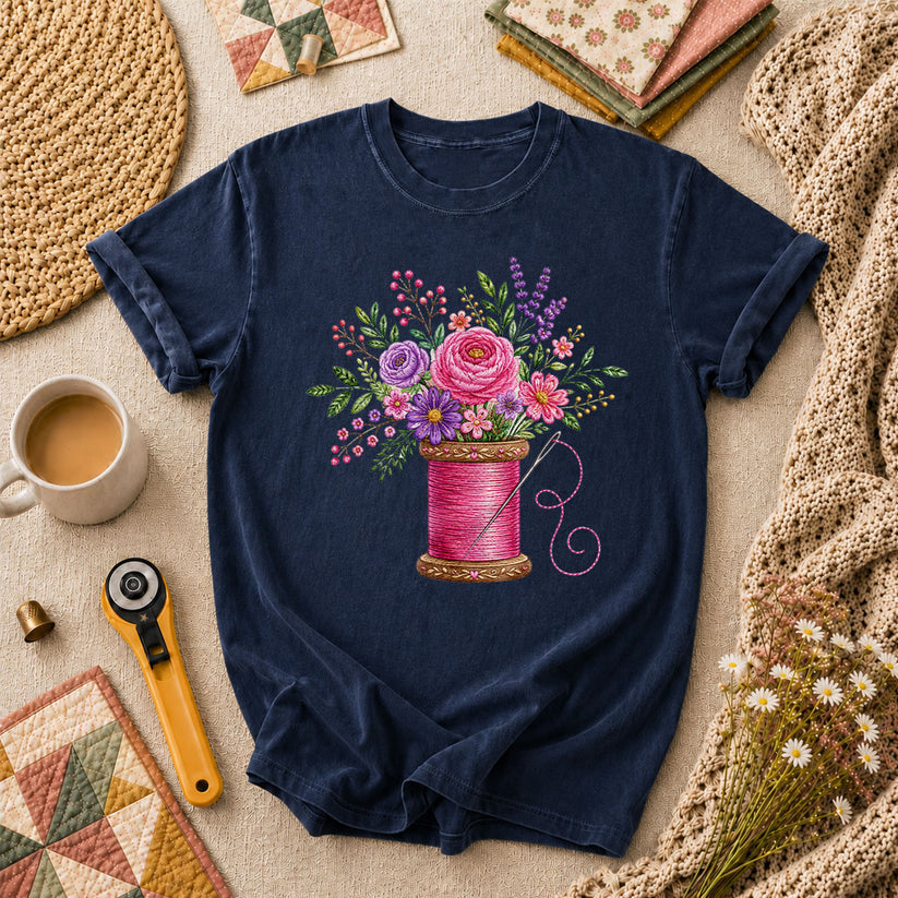 Pink Thread Spool With Embroidered Floral Bouquet T-Shirt - Navy