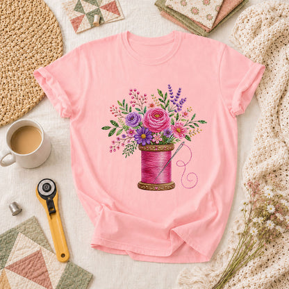 Pink Thread Spool With Embroidered Floral Bouquet T-Shirt - Pink