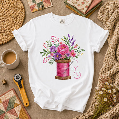 Pink Thread Spool With Embroidered Floral Bouquet T-Shirt - White