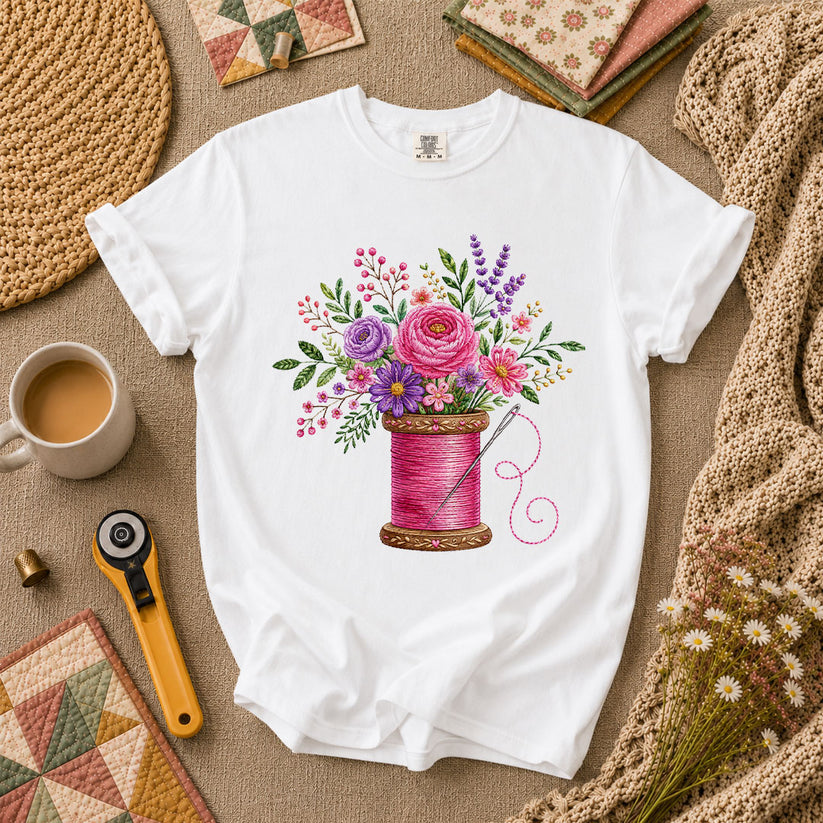Pink Thread Spool With Embroidered Floral Bouquet T-Shirt - White