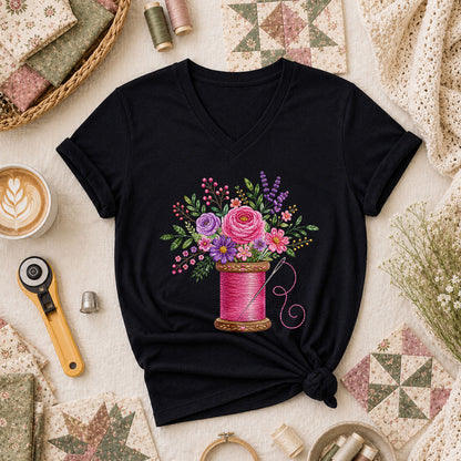 Pink Thread Spool With Embroidered Floral Bouquet Women's V-Neck - Black