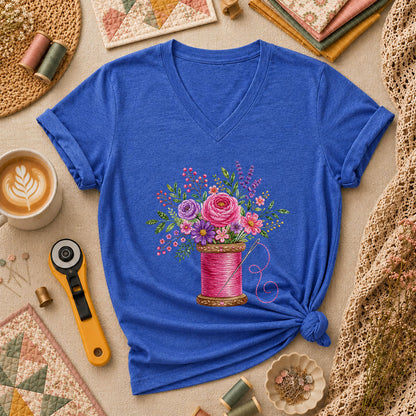 Pink Thread Spool With Embroidered Floral Bouquet Women's V-Neck - Heather True Royal