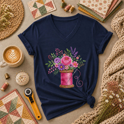 Pink Thread Spool With Embroidered Floral Bouquet Women's V-Neck - Navy