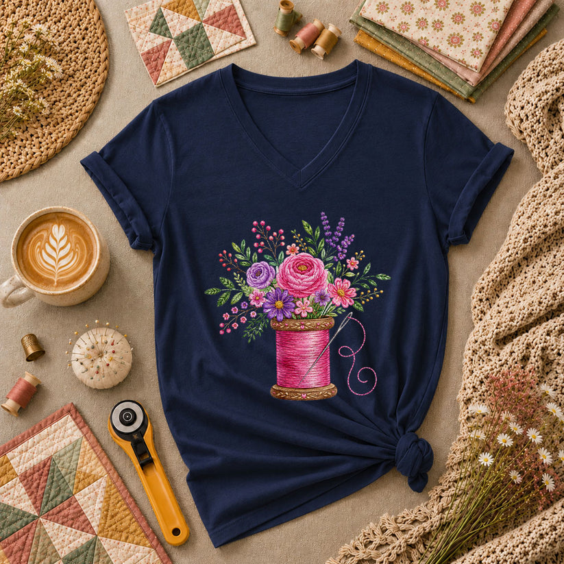 Pink Thread Spool With Embroidered Floral Bouquet Women's V-Neck - Navy