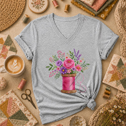 Pink Thread Spool With Embroidered Floral Bouquet Women's V-Neck - Sport Grey