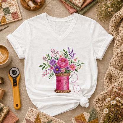 Pink Thread Spool With Embroidered Floral Bouquet Women's V-Neck - White