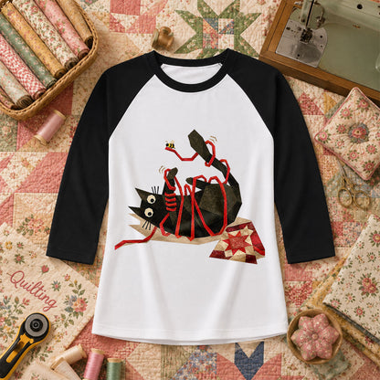 Playful Black Cat Red Ribbon Raglan Sleeve - Black