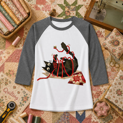 Playful Black Cat Red Ribbon Raglan Sleeve - Deep Heather