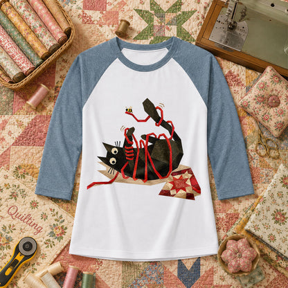Playful Black Cat Red Ribbon Raglan Sleeve - Denim