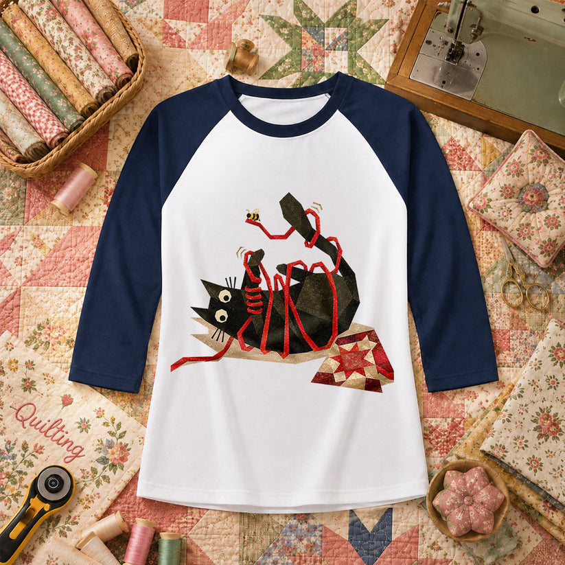 Playful Black Cat Red Ribbon Raglan Sleeve - Navy