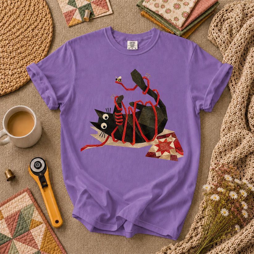 Playful Black Cat Red Ribbon T-Shirt - Heather Team Purple
