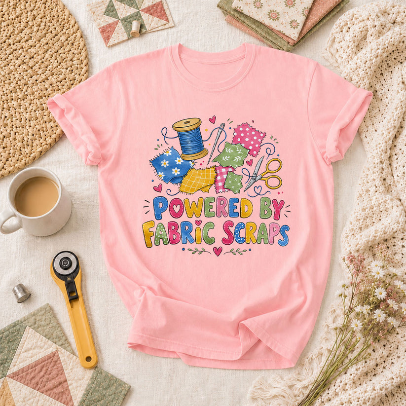 Powered By Fabric Scraps Quilter T-Shirt - Pink