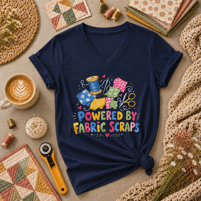 Powered By Fabric Scraps Quilter Women's V-Neck - Navy