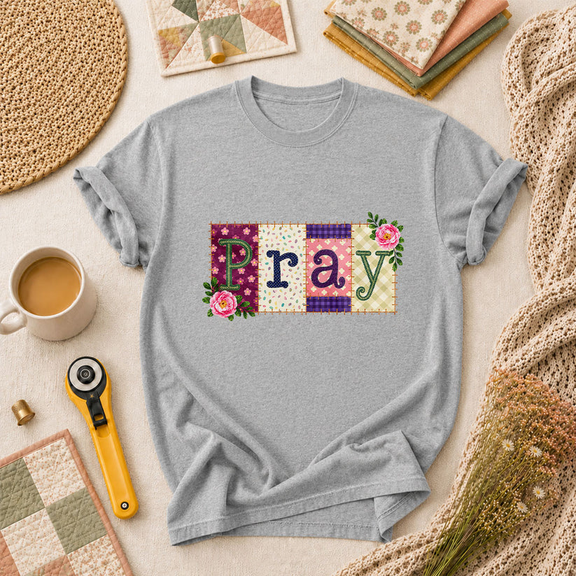 Pray Floral Patchwork Typography Christian Faith T-Shirt - Athletic Heather