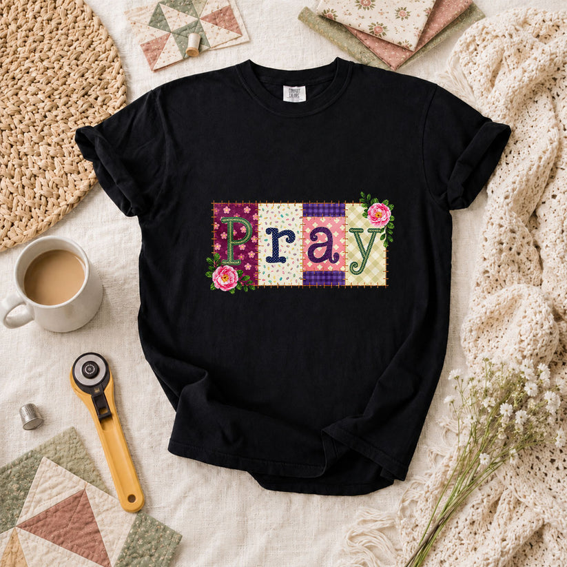 Pray Floral Patchwork Typography Christian Faith T-Shirt - Black