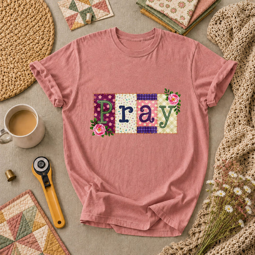 Pray Floral Patchwork Typography Christian Faith T-Shirt - Heather Mauve