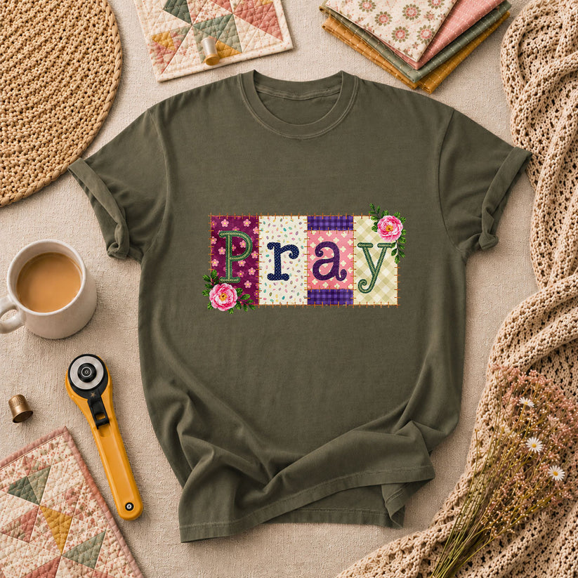 Pray Floral Patchwork Typography Christian Faith T-Shirt - Military Green