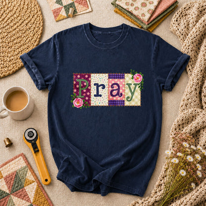 Pray Floral Patchwork Typography Christian Faith T-Shirt - Navy