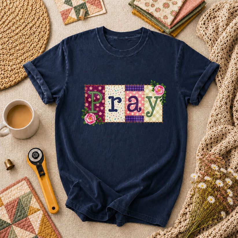 Pray Floral Patchwork Typography Christian Faith T-Shirt - Navy