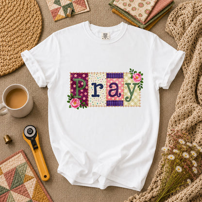 Pray Floral Patchwork Typography Christian Faith T-Shirt - White
