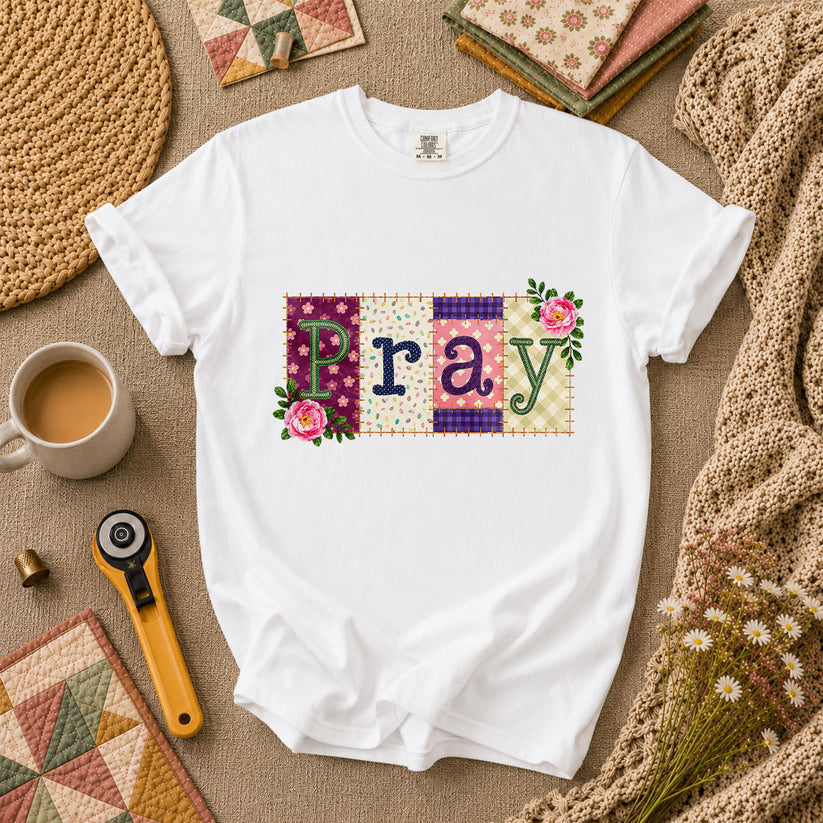 Pray Floral Patchwork Typography Christian Faith T-Shirt - White